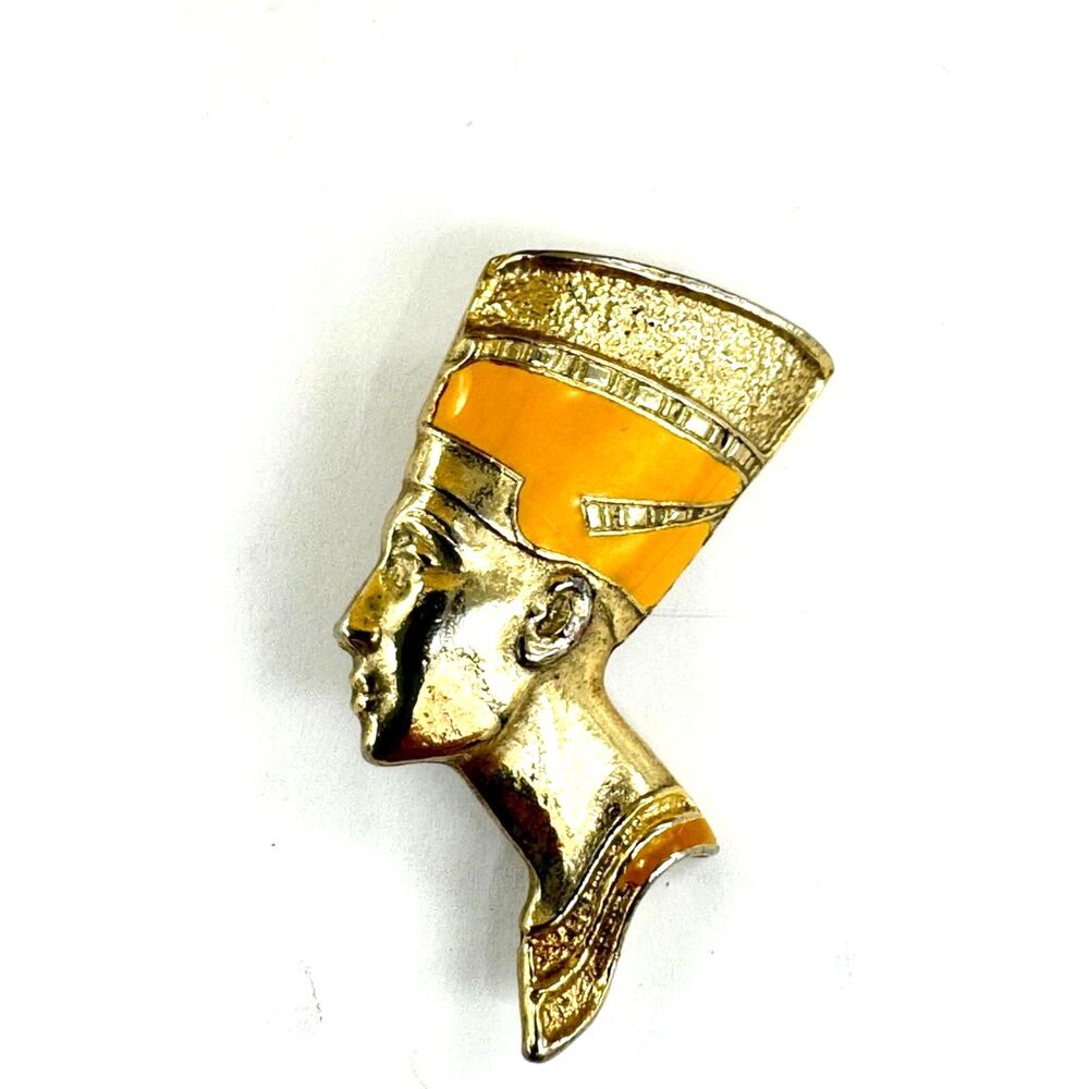 Egyptian Pharaoh Head Pin Brooch Goldtone & Enamel